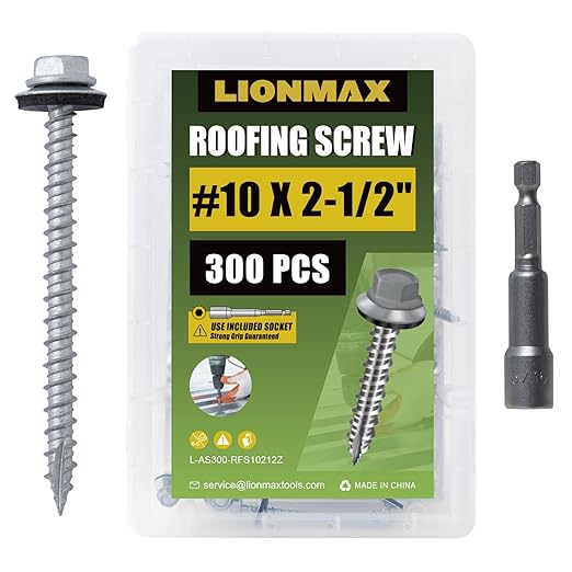 LIONMAX Metal Roofing Screws #10 × 2-1/2 Inch, 300-PCS, Rustproof Coating Hex Head Sheet Metal to Wood Siding Screw with Rubber Washer, Sharp Point, Hex Socket Included