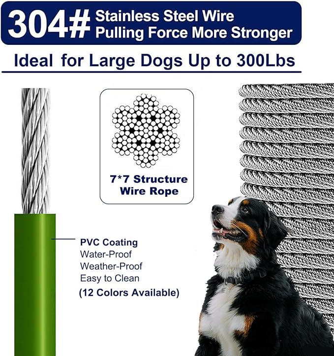 Tie Out Cable for Dogs Up to 300lbs,25ft Extra Strong 1000lbs Break Strength Tie-Out Tether Trolley Training Lead,Dog Run Cable for Yard Garden Park Camping Outside (Green, 300lbs 25ft)