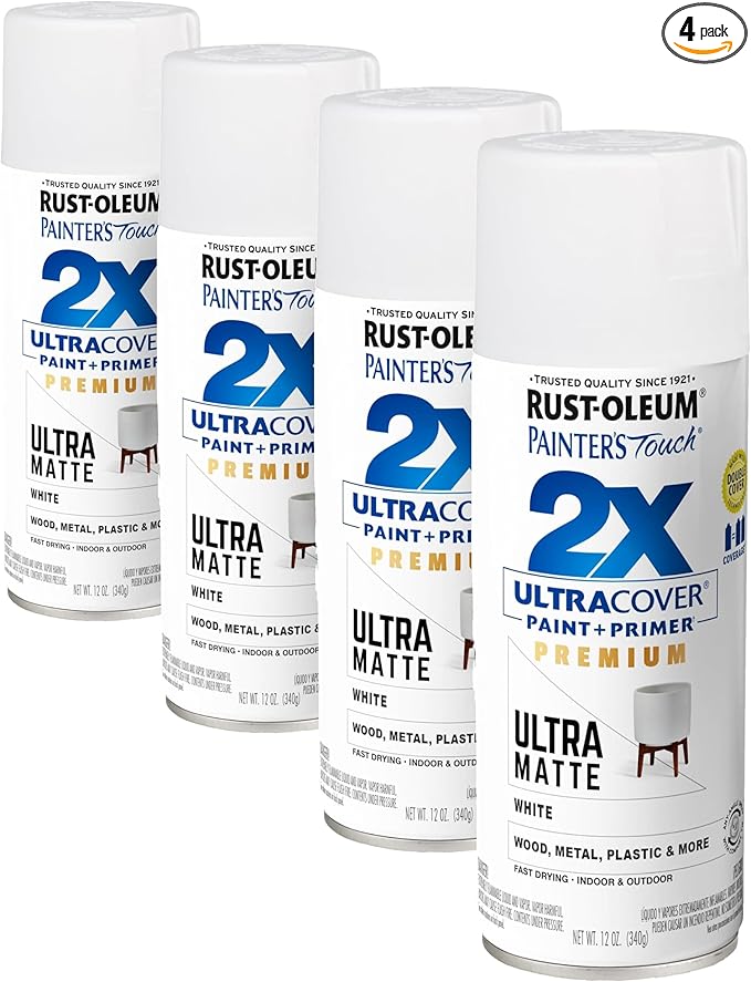 Rust-Oleum 331181 Painter's Touch 2X Ultra Cover Spray Paint, 12 oz, Ultra Matte White (Pack of 4)