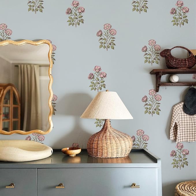17.3"× 118.1" Vintage Blue Floral Wallpaper Peel and Stick Boho Wallpaper Removable Waterproof Rose Pattern Contact Paper for Bedroom, Bathroom, Home Wall