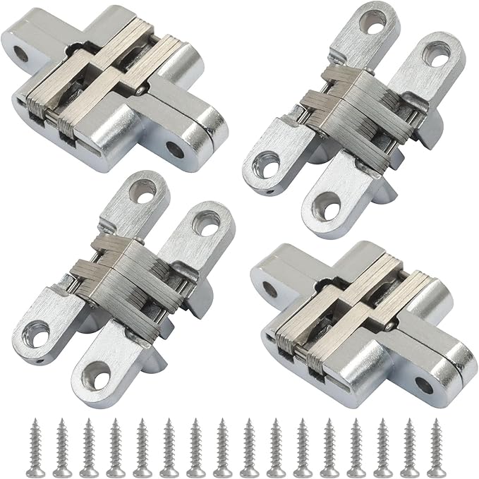 Murtenze 4 Pack Hidden Hinges, 2.36" Stainless Steel Cross Invisible Swing Hinges, 180 Degree Concealed Cross Hinge for Kitchen Cabinet Door