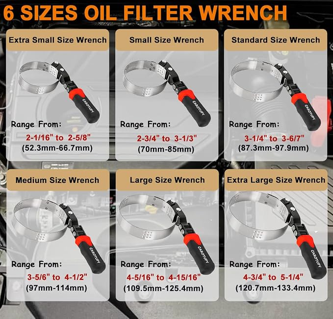 Oil Filter Wrench Set, Adjustable Oil Filter Removal Tool, 7 Pcs | Universal Oil Filter Removal Tool 2-1/16"-5-1/4", Two-Tone Thick Wide Molded Handle for Great Grip, Small Snap-On Oil Funnel