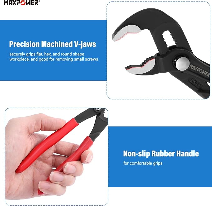 MAXPOWER 7-Inch Water Pump Pliers, 0.98" Jaw Open V Jaw Adjustbale Pliers | Quick Release Push Button Mini Pliers, Serrated Teeth, Comfortable Grips