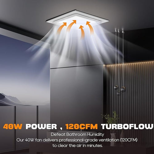 12" Ultra Quiet Bathroom Exhaust Fan with 6500K LED Light, 1.0 Sone 120 CFM, 10x10 Mount, 1500 LM Ceiling Ventilation Fan, Energy Efficient (3500K LED-B)
