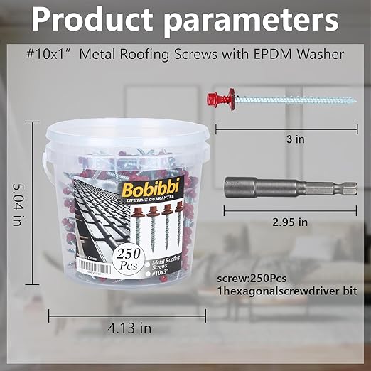 Metal Roofing Screws 10 x 3 inch, Red Hex Head Sheet Metal Roof Screw with EPDM Washer for Corrugated Roofing (250Pcs)