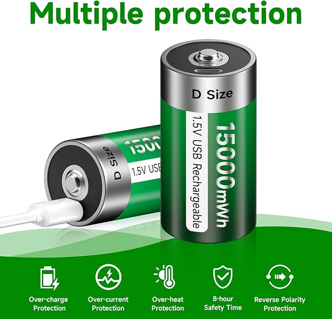 Rechargeable D Batteries 8 Pack, 15000mWh Rechargeable D Cell Battery with 4-in-1 USB-C Charging Cable, 1.5V Batteries D Size for Floodlight Toys, Water Heater, Gas Stove