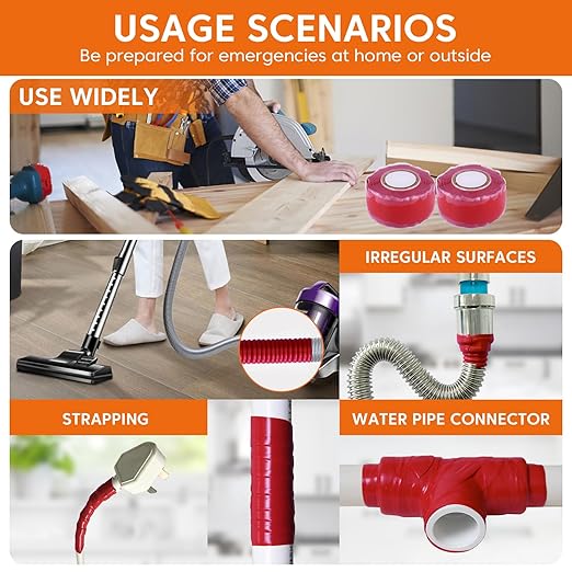 2 Rolls Self Fusing Silicone Tape - 1in(W) X 10ft(L) Waterproof Tape, Water Leak Seal, Plumbing Hose Repair, Rubber Tape for Cable Winding Insulating, Red