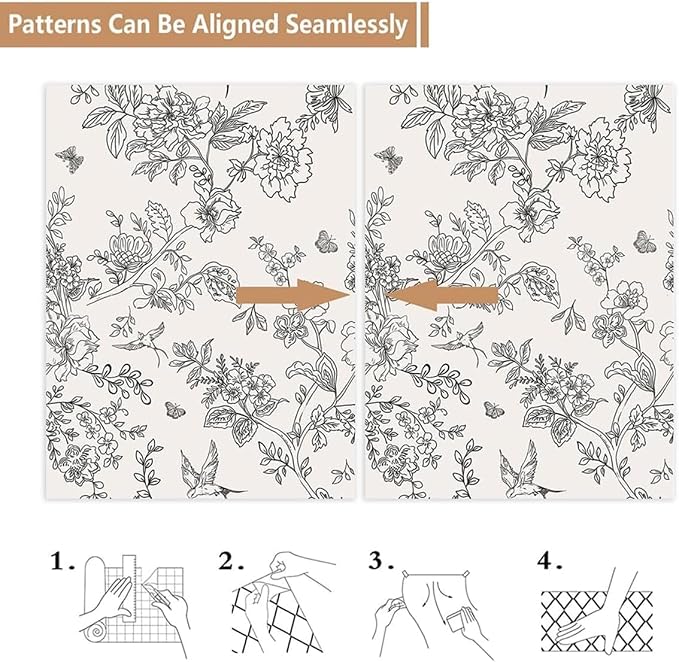 Froluya Black and Cream White Floral Wallpaper Peel and Stick Wallpaper 17.7in×590.5in Vintage Floral Contact Paper Flowers Birds Removable Self Adhesive Decorative Wall Paper for Bathroom Cabinets