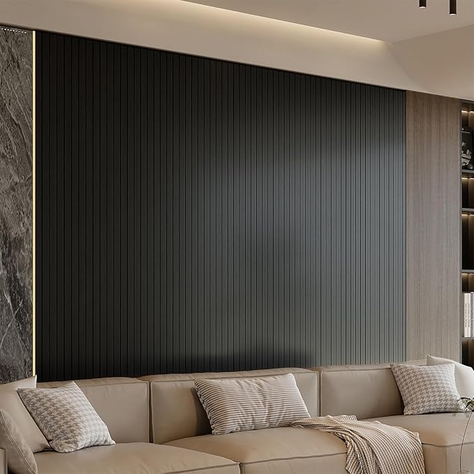 YU LI 3DH Peel and Stick PVC Slat Wall Panel 118"x15.75" Self-Adhesive Thick Faux Black Wood Grain Wallpaper Panel 3D Soundproof Wall Panels for Walls & Ceilings