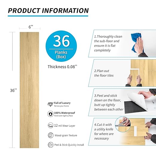 Art3d Peel and Stick Floor Tile Vinyl Wood Plank 36-Pack 54 Sq.Ft, Aspen Yellow, Rigid Surface Hard Core Easy DIY Self-Adhesive Flooring