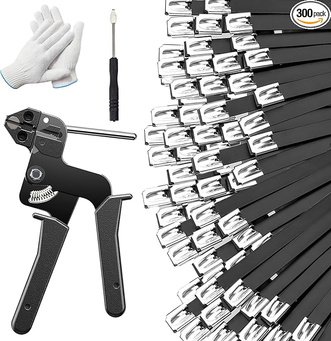 300PCS 11.8Inch 304 Steel Cable‑Ties Kit with Gun, Screwdriver & Gloves | High‑strength 304‑steel zip ties provide long‑lasting secure fastening for outdoor‑fence installations.