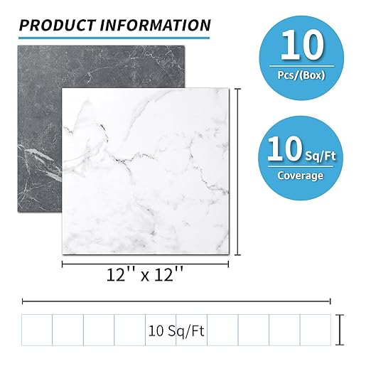 Art3d Peel and Stick Vinyl Floor Tiles 10-Pack 12 x 12 inch, Self Adhesive Waterproof Flooring Planks for Living Room, Kitchen, Bedroom, Cover 10 Sq. Ft, Black & White Marble (5 Tiles per Color)