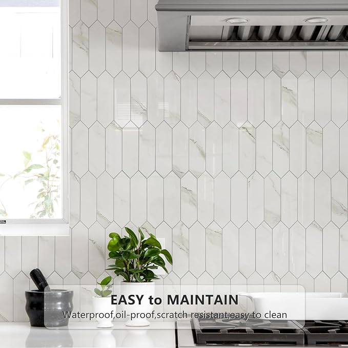 Vamos Tile 1 Sheet Glossy White Marble Backsplash Tile Peel and Stick, 12.8 x 12.8 Inch Long Hexagon PVC Self Adhesive Mosaic Wall Tiles Stick on Backsplash for Kitchen and Bathroom