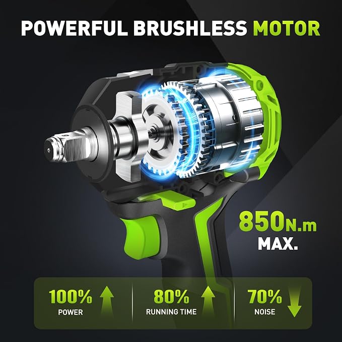 Cordless Impact Wrench 1/2" 630Ft-lbs(850N.m) with 21V Battery | High Torque Impact Driver,4.0Ah Battery Electric Brushless Impact Gun for Car/Heavy Truck/Pickup,3-Speed,4 Socket,LED Light