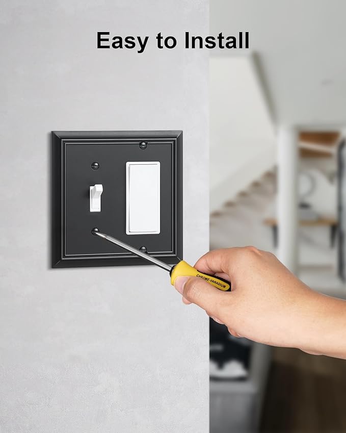 2-Pack Combo Toggle/Decorator Light Switch Cover Plate, Matte Black Decorative Electrical Outlet Covers, Durable Natural Bamboo Fiber Switch Plates and Outlet Covers, Corrosion Resistant
