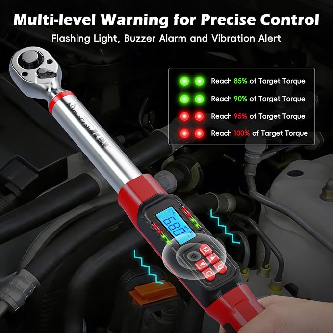 3/8" Digital Torque Wrench Set, 5-99.6 Ft.lb, ±2% Accuracy, 8pcs | Electronic Torque Wrench with LED & Buzzer Alerts, 4 Sockets, Extension Bar & Adapters for Automotive, Motorcycle, Bicycle