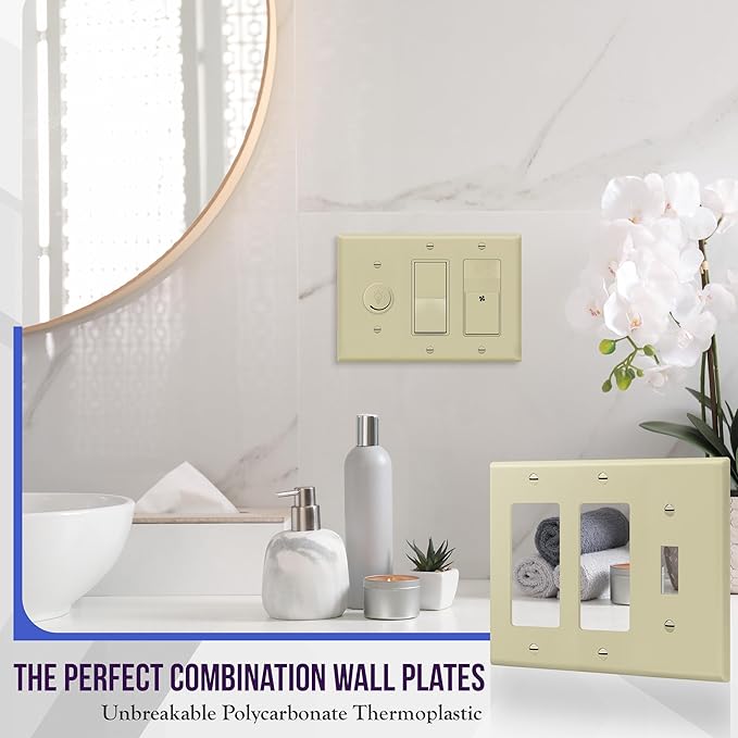 ENERLITES Combination Single Toggle/Double Decorator Rocker Outlet Wall Plate, Standard Size 3-Gang Light Switch Cover (4.5" x 6.38"), Polycarbonate Thermoplastic, UL Listed, 881132-I, Ivory