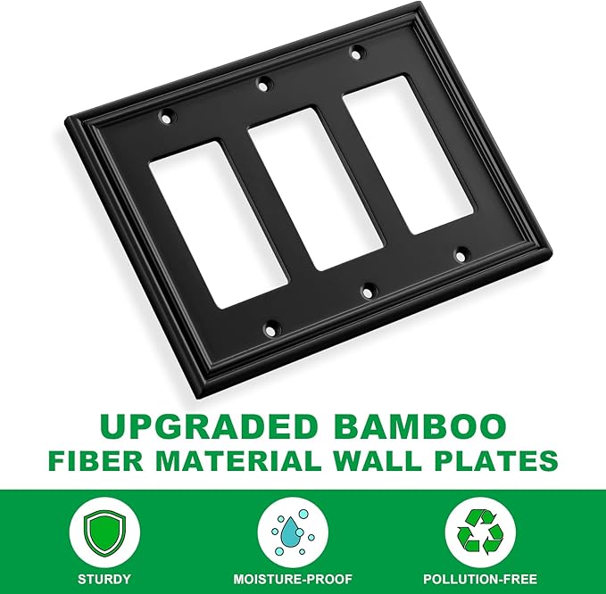 Black Modern Decorative Wall Plate Light Switch Cover Decorator Outlet Covers Rocker Switch Plates Bamboo Fiber Material Wall Plates for Kitchen Bathroom (3 Gang Triple Decorator-1 Pack)