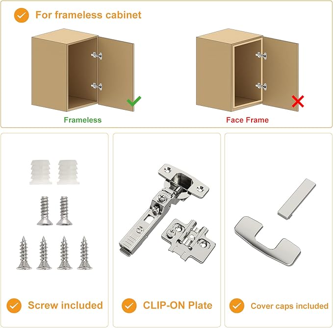 Chibery 50 Pack Frameless Half Overlay Soft Close Concealed European Hinges, Self Closing Satin Nickel, 105 ° Open Angle 4D Adjustment, Speed Control, Clip On, Stainless Steel for Cabinet Door