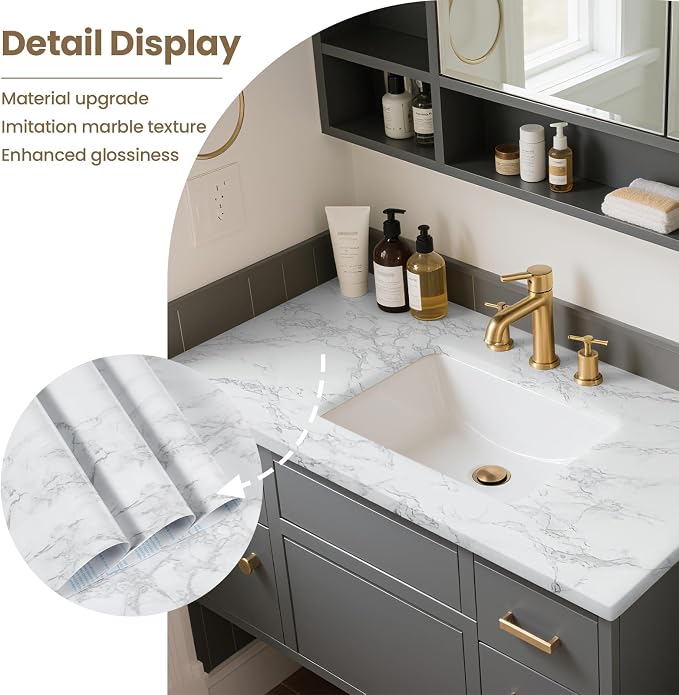 practicalWs Marble Wallpaper Granite White and Gray Wall Paper Roll 47.2" x 197" Kitchen Countertops Cabinet Furniture is Renovated Thick Vinyl Easy to Remove Without Leaving Glue