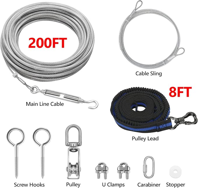 XiaZ Dog Tie Out Cable, 200ft Trolley Runner Cable for Dogs up to 250lbs, Dog Lead for Yard, Camping, Outdoor, with 8 Ft Nylon Bungee Runner, Cable Sling to Protect Trees