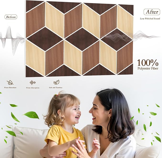 12Pack Acoustic Panels, Self-Adhesive Sound Proof Panels for Walls, Decorative Wood Grain Printing Sound Dampening Panels Sound Absorption Tile for Studio, Office, Home, 12×12×0.4", Dark Walnut Grain