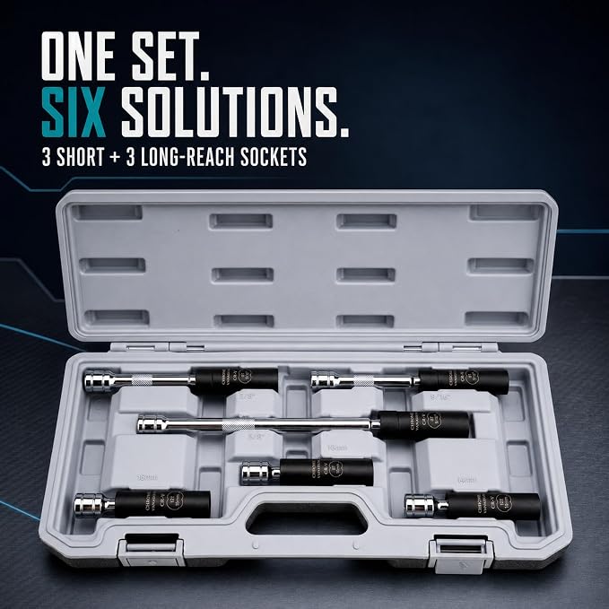 AEROFORCE 6PCS 3/8" Drive Magnetic Swivel Spark Plug Socket Set, Thin Wall | Includes 9/16", 5/8", 16MM, 14MM Sockets with Extensions, Magnetic Core, 360° Swivel for Effortless Spark Plug Replacement