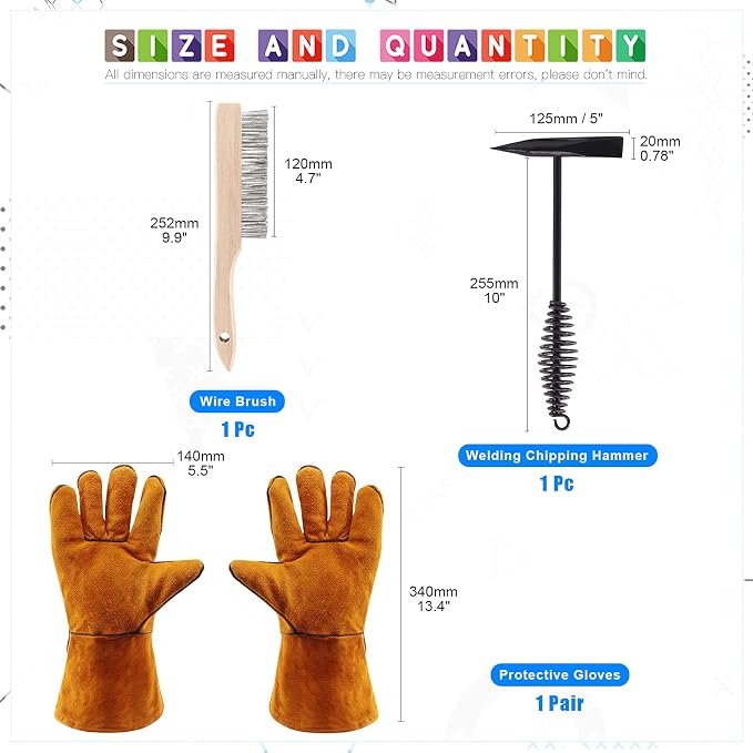 Glarks 4Pcs 10'' Chipping Hammer With Coil Spring Handle and Wire Brush, Pair of Welding Gloves for Removing Slag and Residue