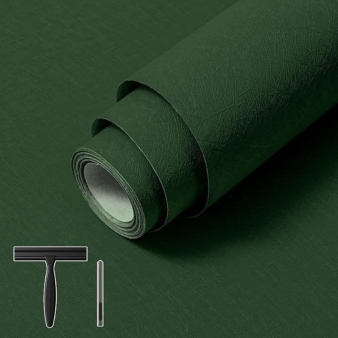 Dark Green Peel and Stick Wallpaper Removable Silk Texture Contact Paper | 15.7" X 196.8" Removable Self Adhesive Textured Wallpaper Covering for Bedroom with Scraper, Paper Cutter