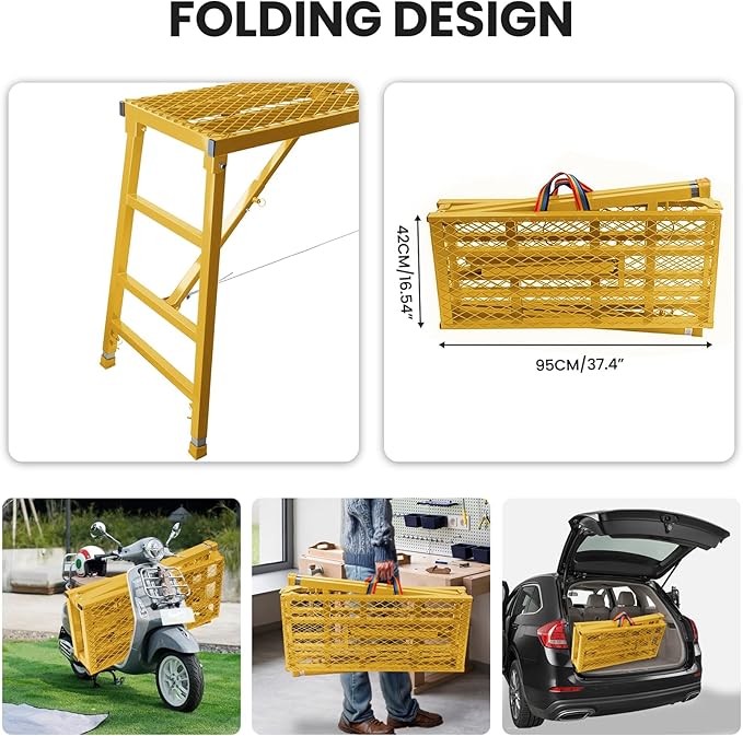 Foldable Scaffolding Platform, 70.8x15.2x36.2-62 Inch Portable Work Platform, 770 Lbs Capacity, Adjustable Height Industrial Step Ladders, Ideal for Painting, Wiring and Home Decor, Yellow