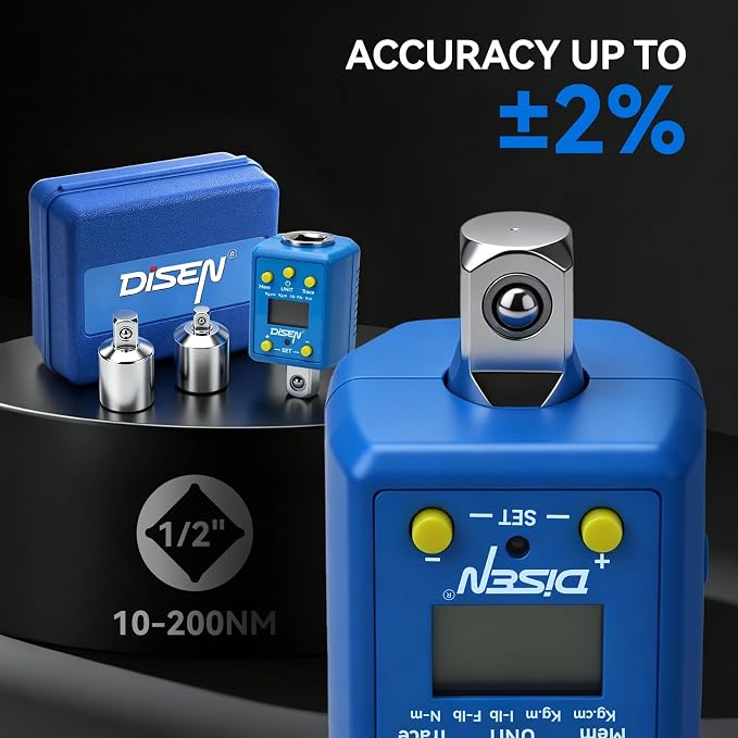 DISEN 1/2" Digital Torque Adapter Set (10-200 N.m / 7.4-147.5 ft-lb), ±2% Accuracy, Mem & Trace Modes, Buzzer & LED Alert,Works with Ratchet & Breaker Bar, for Automotive Motorcycle