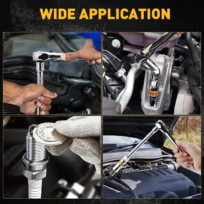 12-Piece 3/8" Drive Spark Plug Socket Set with Ratchet Handle, Universal Joint, Spark Plug Gapper & Extension Bar, 9/16", 5/8", 3/4", 13/16", 14mm, 18mm, CR-V Sockets with Rubber Holding Rings