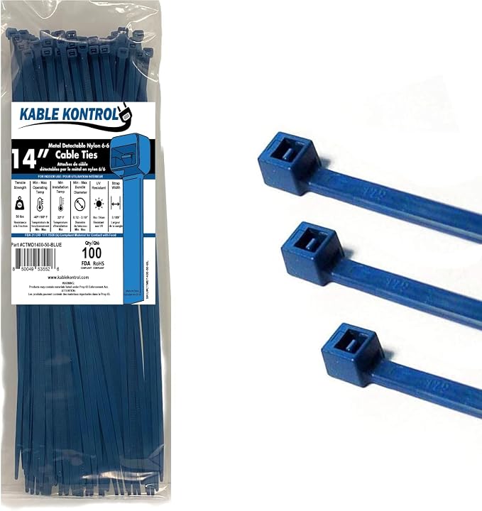 Kable Kontrol Metal Detectable Blue Zip Ties 100 Pcs, 14 Inch, 50 Lbs Test | Iron Infused Cable Ties, Self-Locking, Metal Detector Compatible, Material Complies FDA Standards