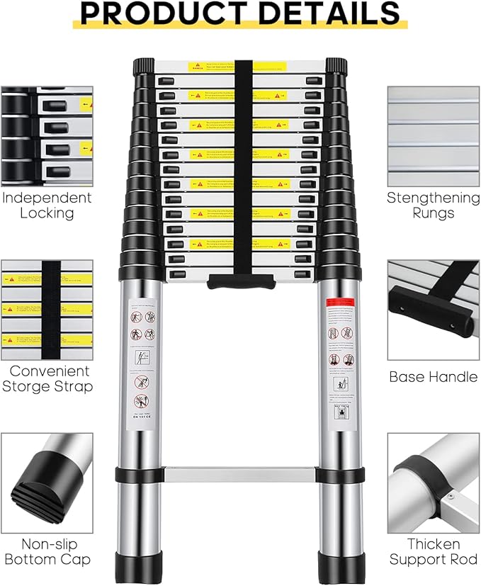 Telescoping Ladder, 20.3FT Aluminum Extension Ladder with 2 Replacement of Non-Slip Rubber Cover, Telescopic Ladder Portable Collapsible RV Ladder for Indoor Outdoor Work, 330 lb. Weight Capacity