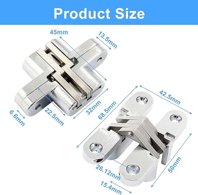 68.5 mm Hidden Hinge, Stainless Steel 180 Degree Invisible Cross Hinges for Kitchen Cabinet Door, Frameless Concealed Hinge with Screws, 4pcs