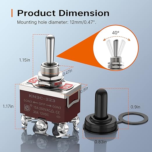 Joinfworld Momentary Toggle Switch 12V DC 3 Way 30 Amp DPDT 6 Pin (ON)-Off-(ON) Waterproof Marine Toggle Switch 12 Volt Heavy Duty with Boot Cover Cap for Automotive Boat Auto Air Train - 4Pack