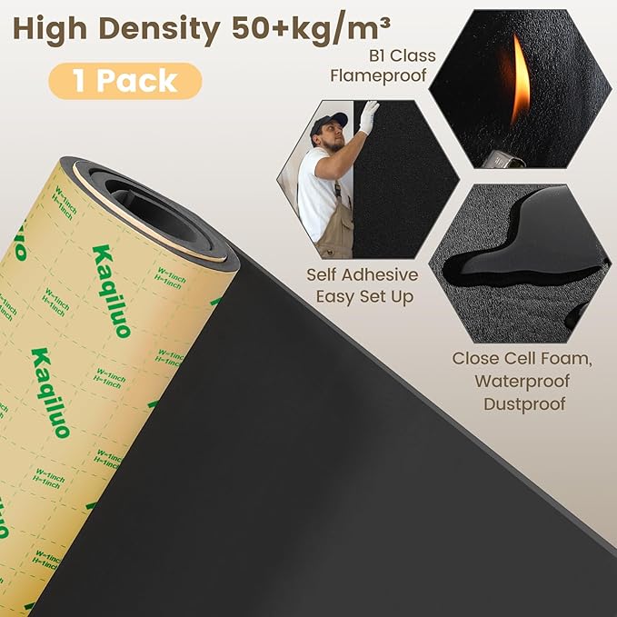 Kaqiluo Self-Adhesive Sound Insulation Acoustic Foam, 32.3 sqft x 0.79in Thick, 50+kg/m³ ，Sound Proof Padding,Fire,Water Resistant ,Thermal Insulation,Cold Proof Acoustic Treatment Foam