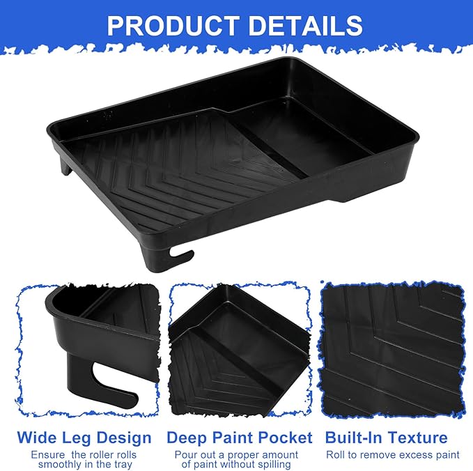 Geelin 8 Pcs Paint Tray 9 Inch Reusable Plastic Roller Pan for 9 Inch Roller Brushes Paint Pan with Sturdy Legs Textured for Wall, Black