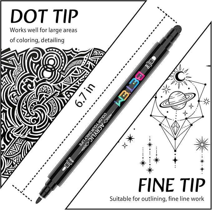 Betem 6 Black Dual Tip Acrylic Paint Markers, Fabric Decorating Kits Premium Water-Based Acrylic Paint Pens Art Supplies for Fabric, Rock, Wood, Glass, Canvas, Ceramic, Teacher Appreciation Gift
