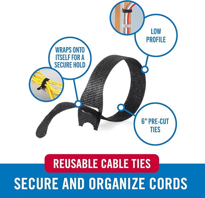 VELCRO Brand Reusable Cable Ties, 100 Pack 6 Inch, Cord & Cable Management Straps for Electronics, Desk, Home Office & Workstations, Black