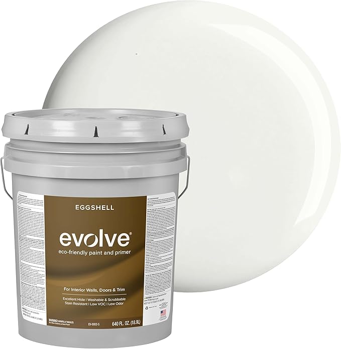 EVOLVE Interior Paint & Primer, Eggshell (Ultra White), 5 Gallon – One-Coat Coverage, Excellent Hide, Low VOC, Low Odor, Washable Paint for Walls, Doors & Trim