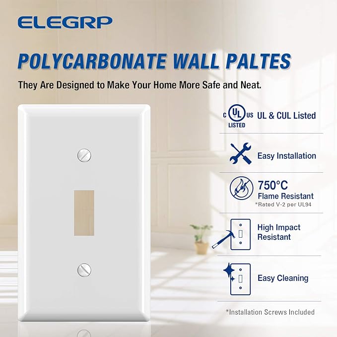 ELEGRP Toggle Light Switch Wall Plate, 2-Gang Standard Size Switch Covers, Unbreakable Polycarbonate Replacement Faceplates Covers, UL Listed, Color-matched Screws Included (1 Pack, Glossy White)