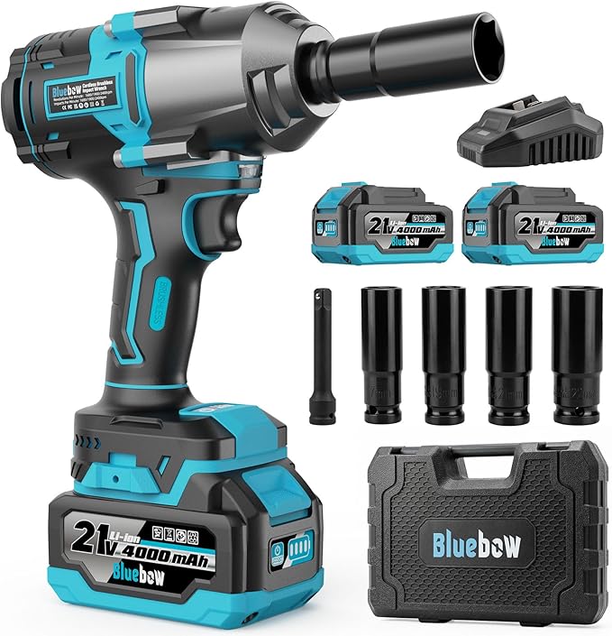 Bluebow Cordless Impact Wrench, 960 ft-lbs (1300 N·m) Brushless Impact Wrench with 2x4.0Ah Battery, 1/2" 3-Speed Modes Impact Gun with 4 Sockets for Pickup, Truck, Home Car
