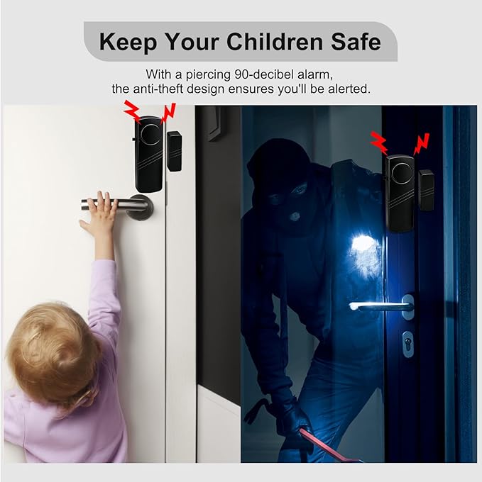 Door Window Alarm - 90dB Loud Home Security Sensor for Kids Safety, Burglar Alert for House, Apartment, Office, Hotel & Pool Window, Black (4 Pack)