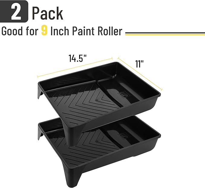 Bates- 9 Inch Paint Tray, 2 Pack, Black Plastic Paint Roller Tray 9 Inch, Deep Capacity, Textured Ridge