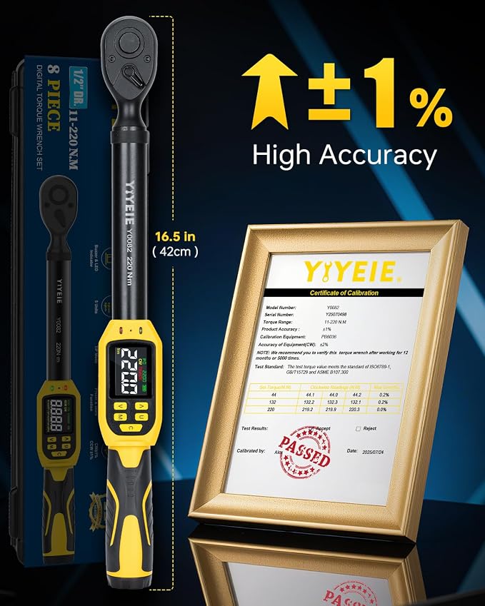 Digital Torque Wrench 1/2" Drive, 8.5-160 Ft-lb/10-220 N.m (±1% Accuracy) | Color LCD, Buzzer and LED Alert, 1/2 Torque Wrench Electronic 8Pcs with Extension Bar, 5 Sockets for Motorcycle, Car Repair