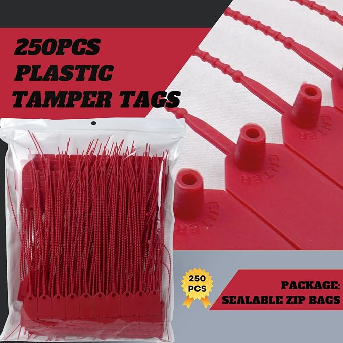 JAVIKA 250pcs Plastic Tamper Seal Tags, Red (9.17in) PA66, Cable Management, Fire Extinguisher Tags, Luggage Tag, Electronics | One-piece construction, Self-Locking & Versatile, Easy to Use and Write On, Wide Range of Applications