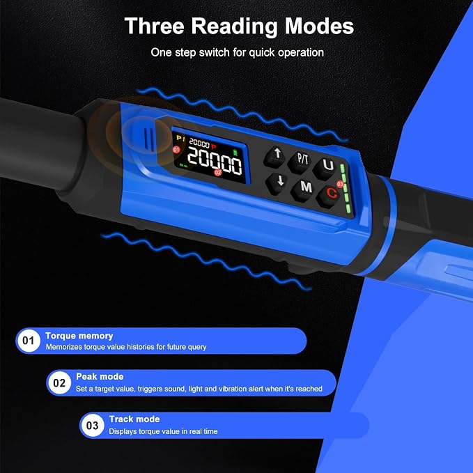 1/2" Digital Torque Wrench 2.2-147.5 Ft.lb/ 3-200 Nm， Digital Electronic Torque Wrench ±1% Accuracy, 5 Units LCD Screen with Buzzer & LED Alarm for Cars,Motorcycles,Bicycle
