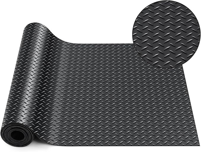 Breling 16 in x 20 ft Rubber Diamond Plate Rolls Garage Floor Mat for Under Car, Heavy Duty Flooring Rug for Trailers Garage, PVC Water/Stain Outside Stall Resistant Parking Rv Tool(Black)