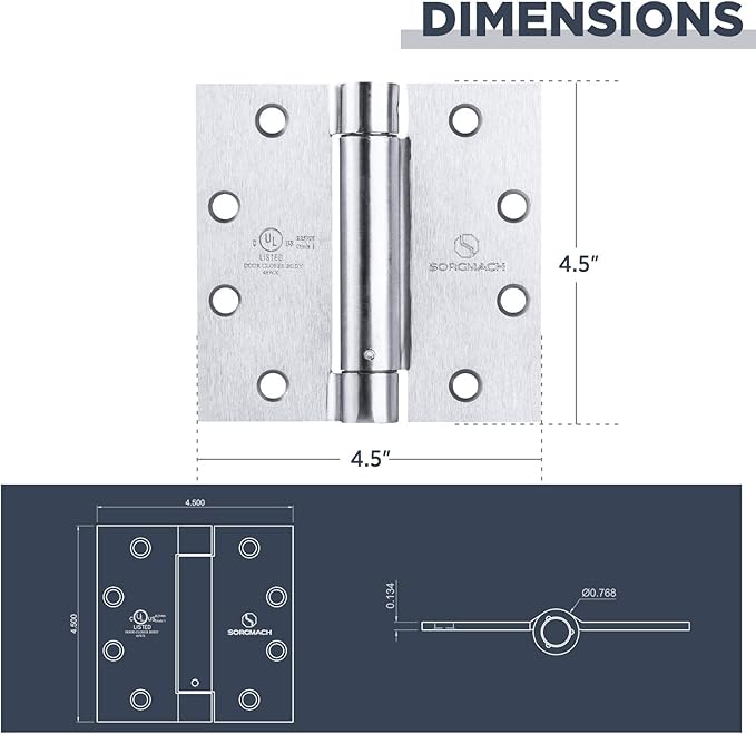 Satin Door Hinges 4.5 Inch Self Closing Hinge Hardware Adjustable Spring Hinges for Commercial Grade Self-Closing, UL Listed 3 Pack